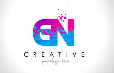 GN G N Letter Logo with Shattered Broken Blue Pink Texture Design Vector.