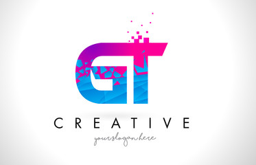 GT G T Letter Logo with Shattered Broken Blue Pink Texture Design Vector.