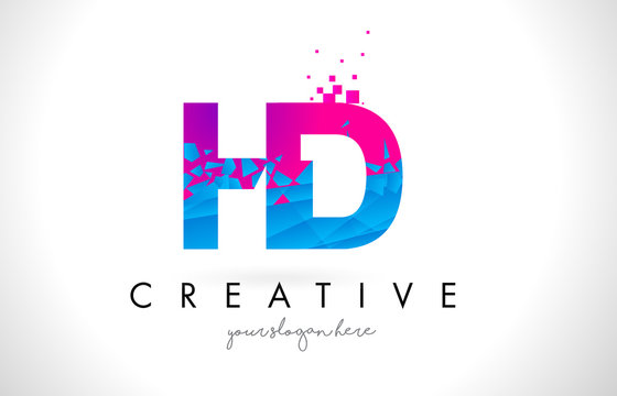 HD H D Letter Logo with Shattered Broken Blue Pink Texture Design Vector.