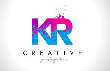 KR K R Letter Logo with Shattered Broken Blue Pink Texture Design Vector.
