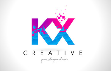 KX K X Letter Logo with Shattered Broken Blue Pink Texture Design Vector.