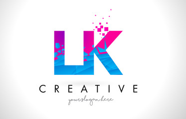 LK L K Letter Logo with Shattered Broken Blue Pink Texture Design Vector.
