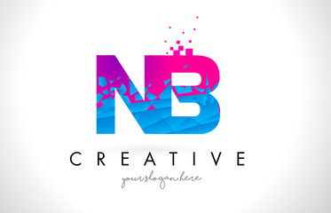 NB N B Letter Logo with Shattered Broken Blue Pink Texture Design Vector.