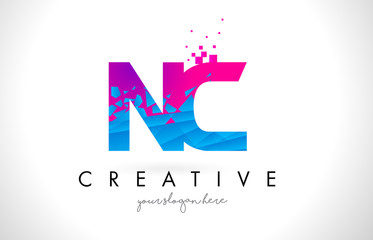 NC N C Letter Logo with Shattered Broken Blue Pink Texture Design Vector.