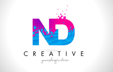 ND N D Letter Logo with Shattered Broken Blue Pink Texture Design Vector.