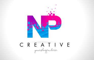 NP N P Letter Logo with Shattered Broken Blue Pink Texture Design Vector.