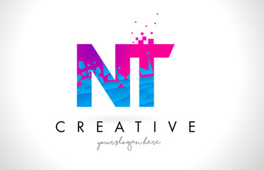 NT N T Letter Logo with Shattered Broken Blue Pink Texture Design Vector.