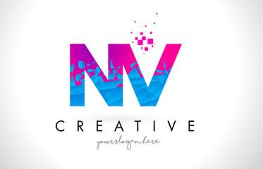 NV N V Letter Logo with Shattered Broken Blue Pink Texture Design Vector.