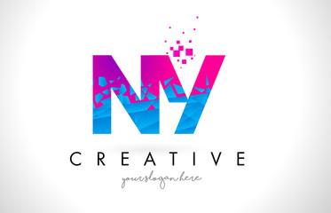 NY N Y Letter Logo with Shattered Broken Blue Pink Texture Design Vector.
