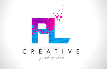 PL P L Letter Logo with Shattered Broken Blue Pink Texture Design Vector.