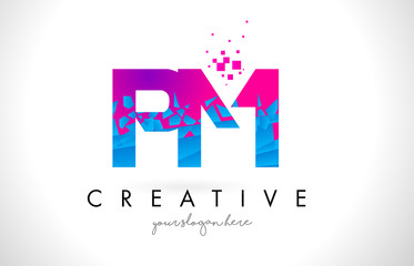 PM P L Letter Logo with Shattered Broken Blue Pink Texture Design Vector.