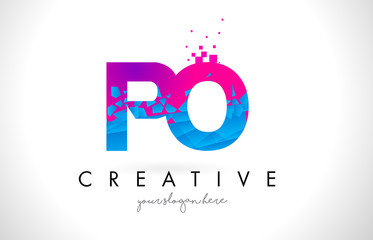 PO P O Letter Logo with Shattered Broken Blue Pink Texture Design Vector.