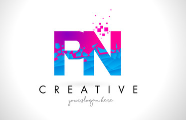 PN P N Letter Logo with Shattered Broken Blue Pink Texture Design Vector.