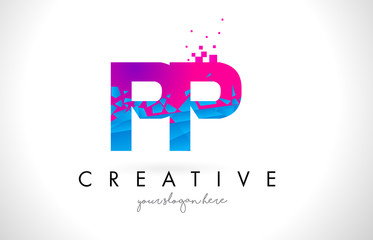 PP P Letter Logo with Shattered Broken Blue Pink Texture Design Vector.