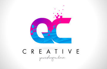 QC Q C Letter Logo with Shattered Broken Blue Pink Texture Design Vector.