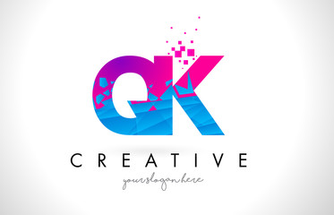 QK Q K Letter Logo with Shattered Broken Blue Pink Texture Design Vector.