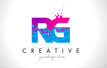 RG R G Letter Logo with Shattered Broken Blue Pink Texture Design Vector.