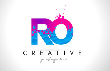 RO R O Letter Logo with Shattered Broken Blue Pink Texture Design Vector.