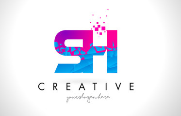 SH S H Letter Logo with Shattered Broken Blue Pink Texture Design Vector.