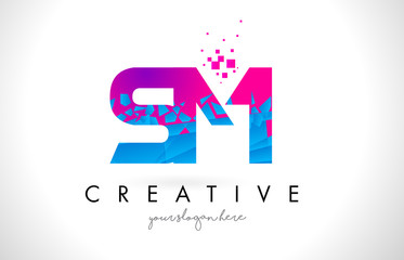 SM S M Letter Logo with Shattered Broken Blue Pink Texture Design Vector.