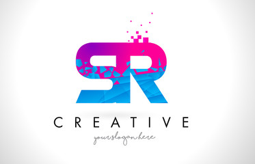 SR S R Letter Logo with Shattered Broken Blue Pink Texture Design Vector.