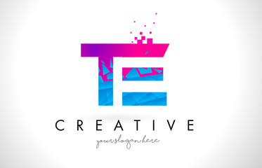 TE T E Letter Logo with Shattered Broken Blue Pink Texture Design Vector.