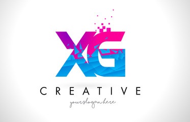 XG X G Letter Logo with Shattered Broken Blue Pink Texture Design Vector.