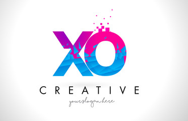 XO X O Letter Logo with Shattered Broken Blue Pink Texture Design Vector.