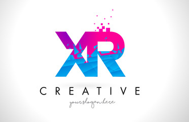 XR X R Letter Logo with Shattered Broken Blue Pink Texture Design Vector.