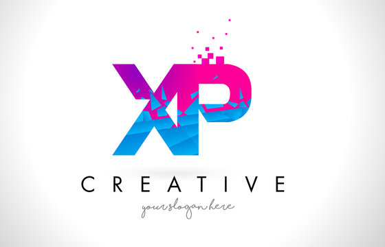 XP X P Letter Logo with Shattered Broken Blue Pink Texture Design Vector.