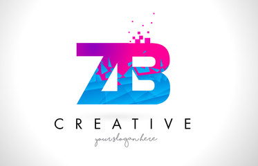 ZB Z B Letter Logo with Shattered Broken Blue Pink Texture Design Vector.