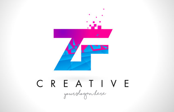 ZF Z F Letter Logo with Shattered Broken Blue Pink Texture Design Vector.