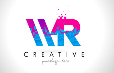 WR W R Letter Logo with Shattered Broken Blue Pink Texture Design Vector.