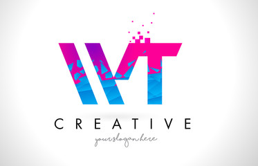 WT W T Letter Logo with Shattered Broken Blue Pink Texture Design Vector.