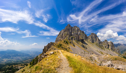 Chabrieres Needles (Aiguilles de Chabrieres) in the Ecrins National Park in summer. Hautes-Alpes, Southern French Alps, France