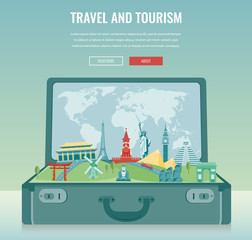 Fototapeta premium Travel composition with famous world landmarks. Travel and Tourism. Concept website template. Vector.