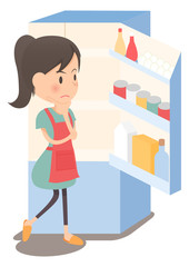 主婦　冷蔵庫の中を見て献立に悩む