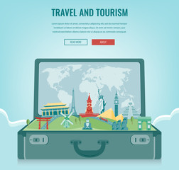 Naklejka premium Travel composition with famous world landmarks. Travel and Tourism. Concept website template. Vector.
