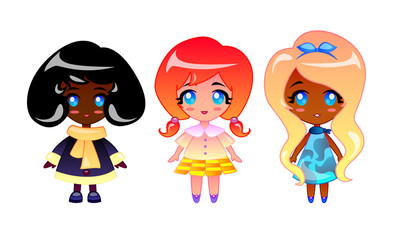 Set of illustrations of little girls in cartoon style