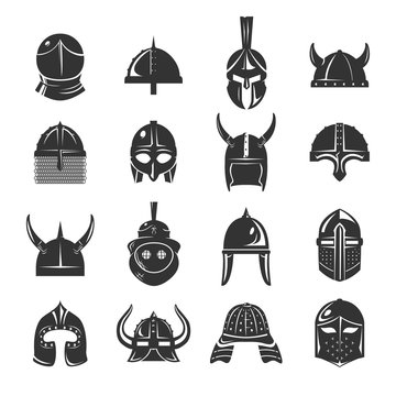 Warrior helmets set of vector icons on white background