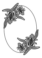 Black and white oval label with flowers.