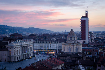 Turin, cityscape view on Piazza Castello at sunset