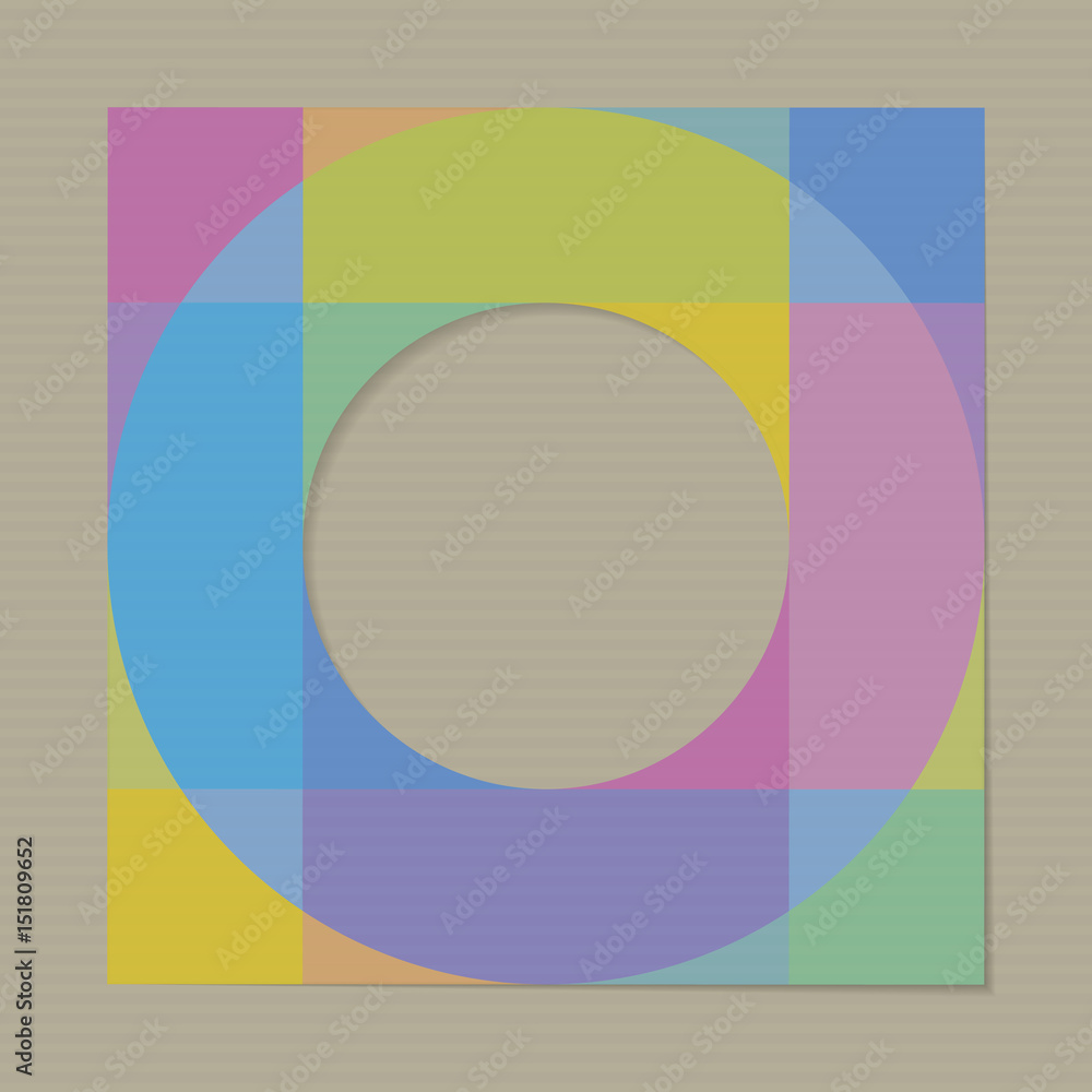 Poster colorful square with a round hole on the background of old corrugated paper