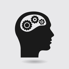 Thinking icon.  Silhouette of gear in head. Flat design style.