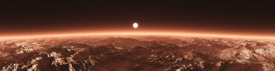 Mars from orbit, panorama of Mars, Marsim landscape, sunrise over Mars, 3D rendering   © ustas