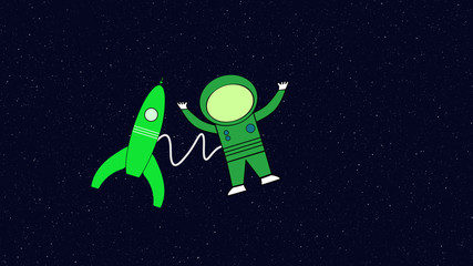 Astronaut in space outside rocket ship. Retro cartoon style with flat design. Travel and adventure in cosmos.