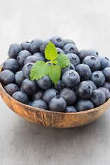 Fresh blueberries natural coconut in a bowl on a gray background.