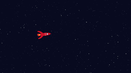 Rocket flying in space. Retro cartoon style with flat design. Travel and adventure in cosmos with a rocketship.