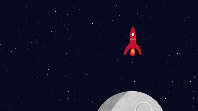 Rocket in space landing on a moon or planet. Retro cartoon style with flat design. Travel and adventure in cosmos with a rocketship.