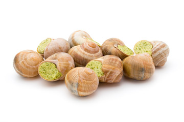 Cooked snails delicacy. French cuisine stuffed snails.